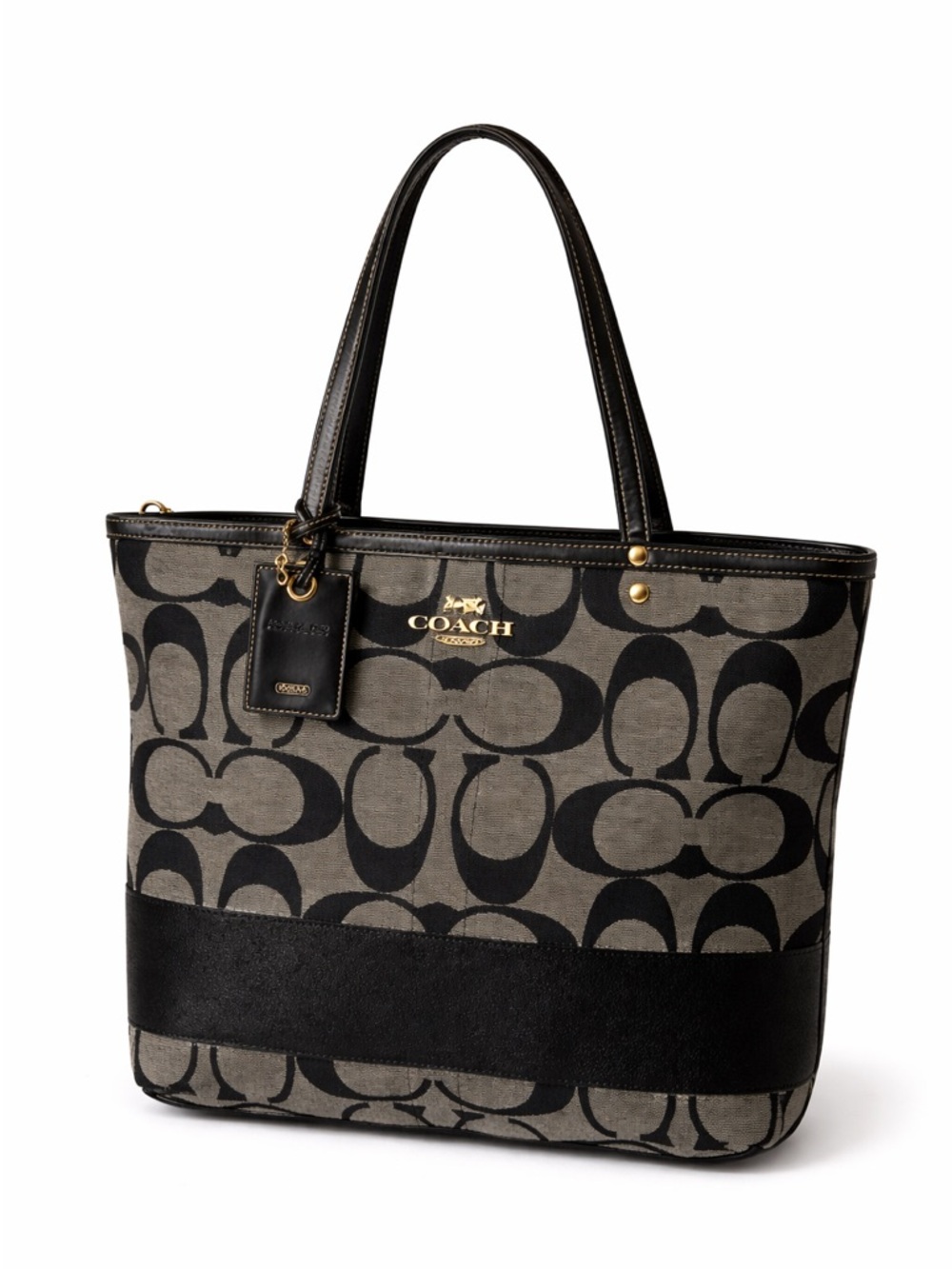 Coach Signature Black Gray Canvas Leather structured logo Shoulder Bag - Picture 2 of 16